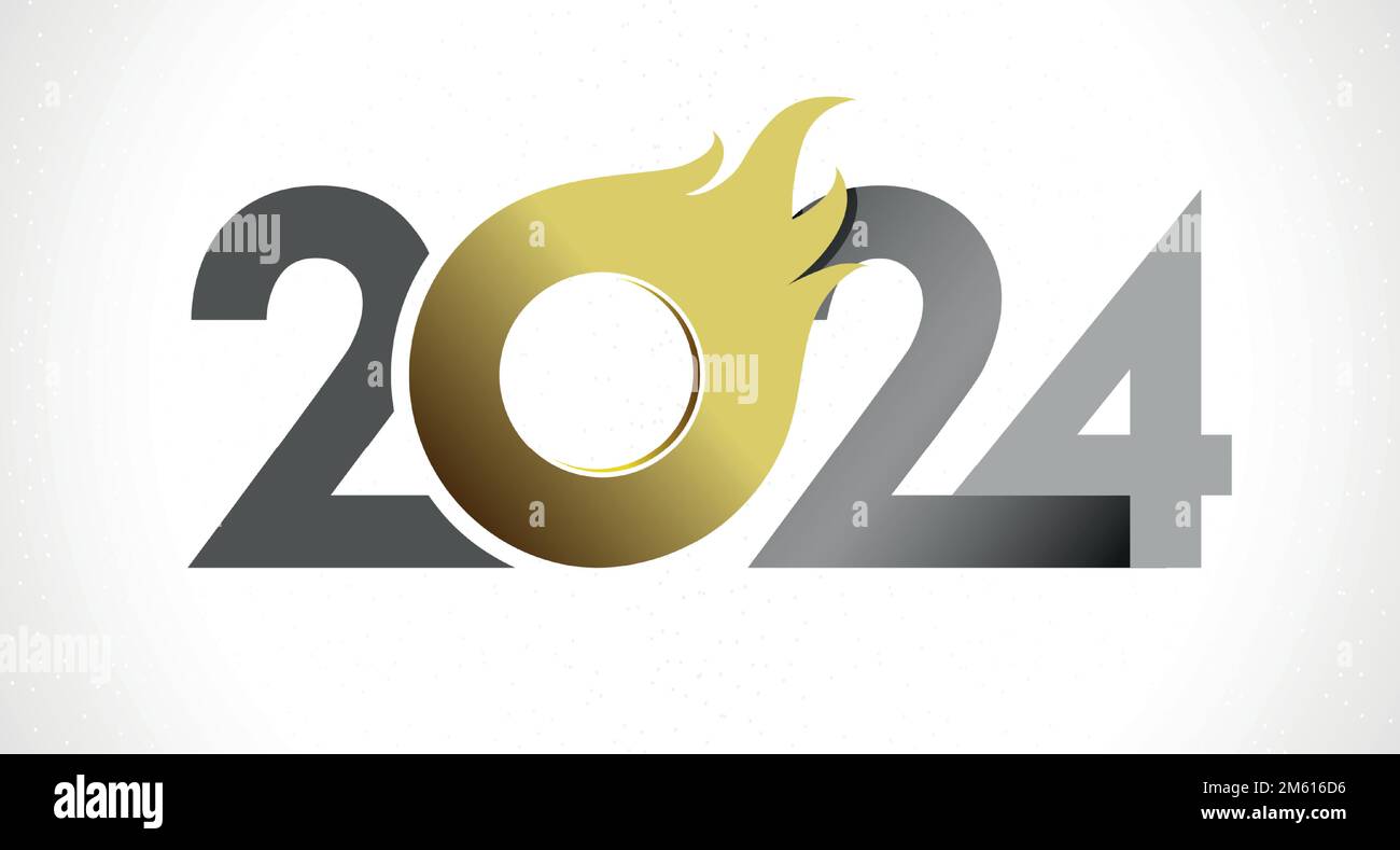 Un felice anno nuovo 2024 creativo numero di fuoco. Colore argento e oro. Cartello con fiamme. Design del titolo del calendario. Icona isolata 20 24. Modello grafico. Illustrazione Vettoriale