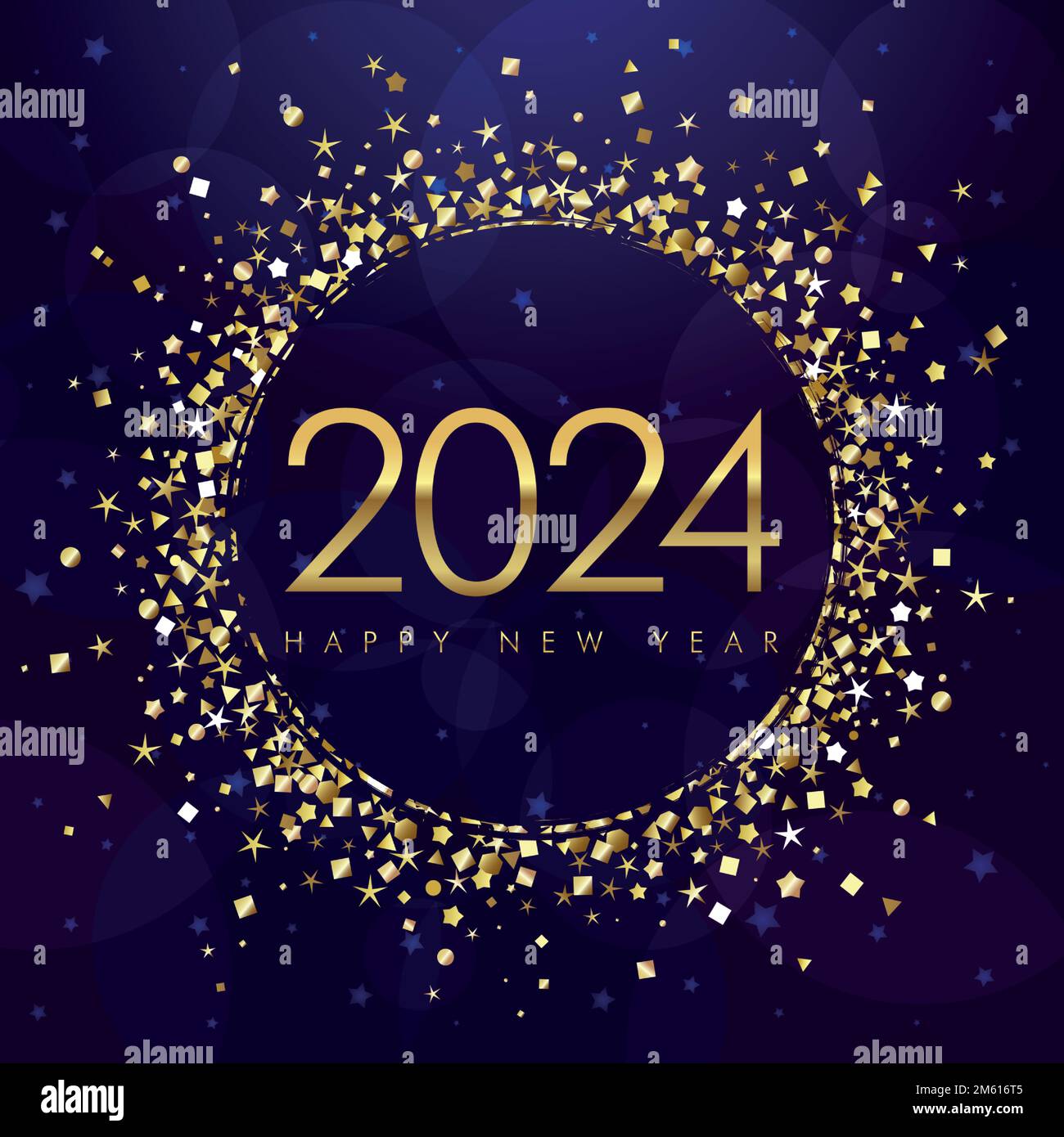 2024 Un buon concetto di biglietto di auguri per il nuovo anno. Sfera dorata scintillante con brillante numero 20 24. Modello di disegno grafico isolato. Decorazione creativa. Ho Illustrazione Vettoriale