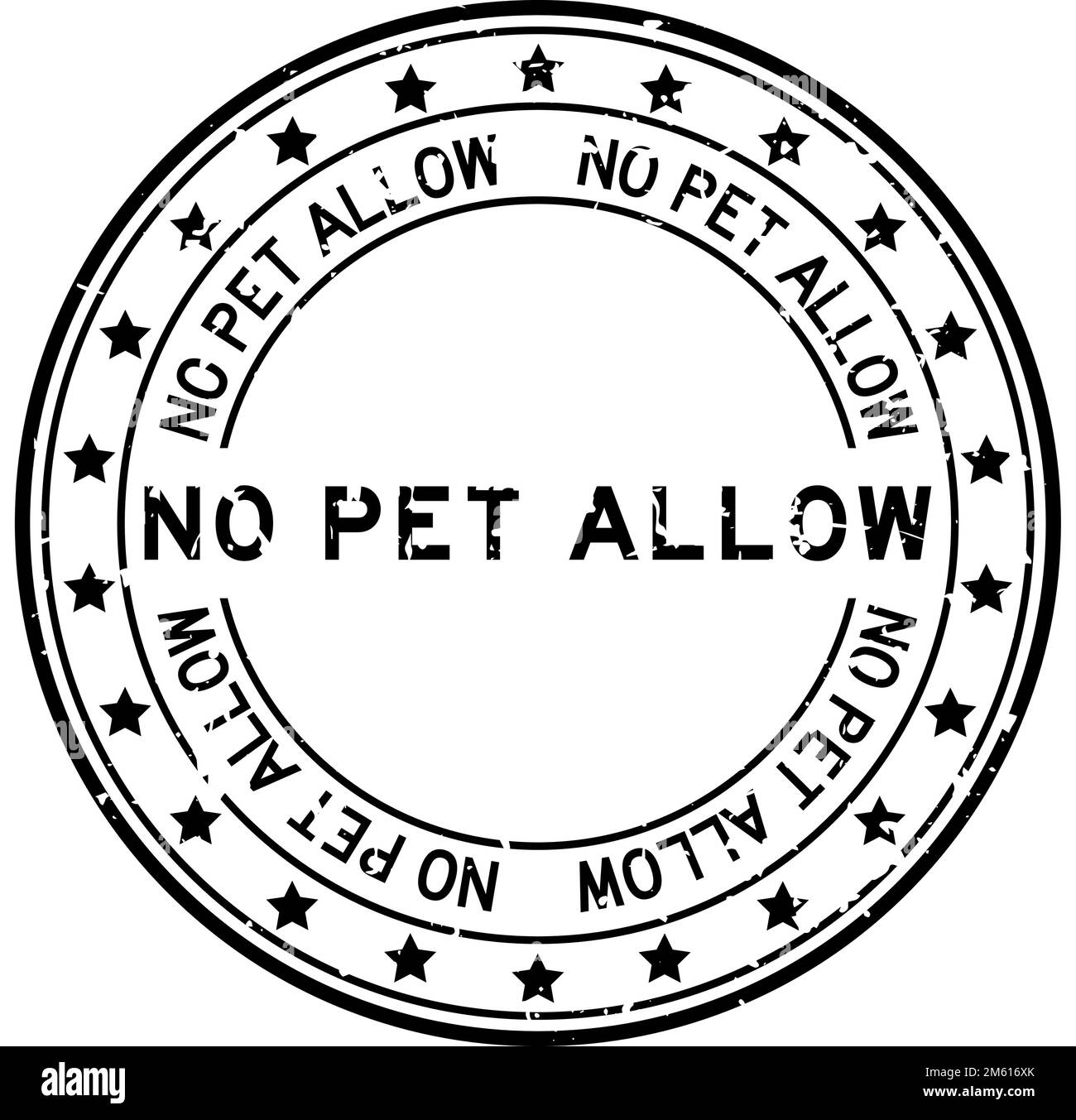 Grunge nero nessun animale domestico permette la parola con l'icona della stella bollo rotondo della guarnizione di gomma su fondo bianco Illustrazione Vettoriale