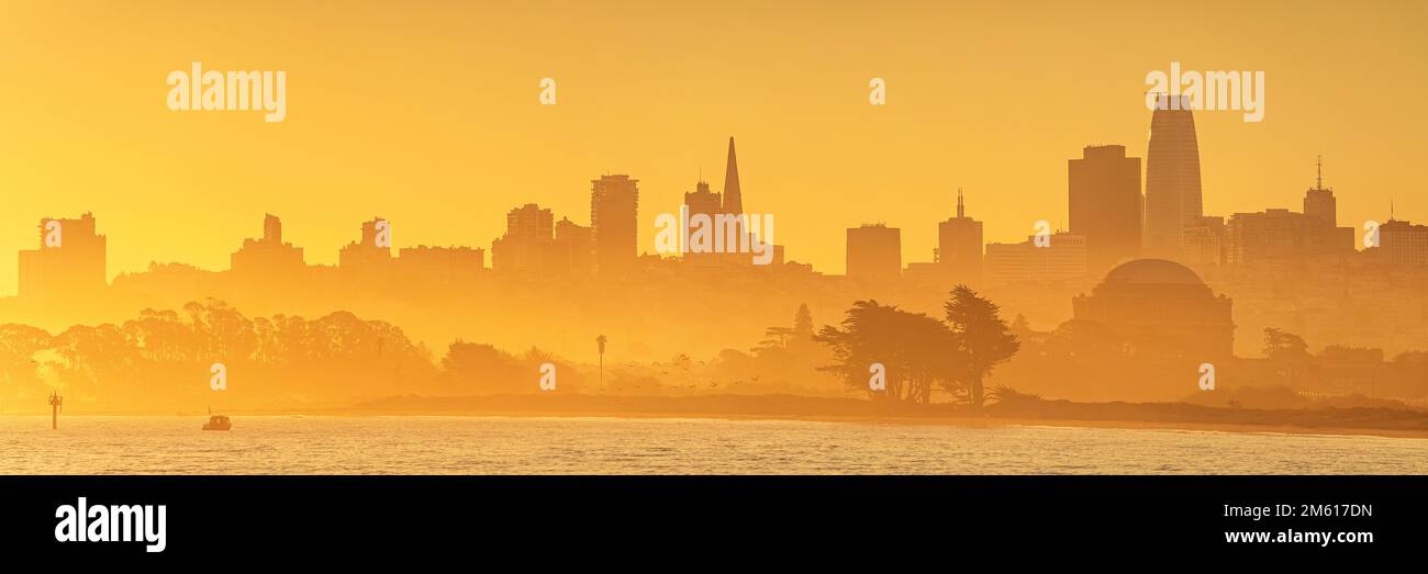 Skyline di San Francisco all'alba dal Presidio di San Francisco in California Foto Stock