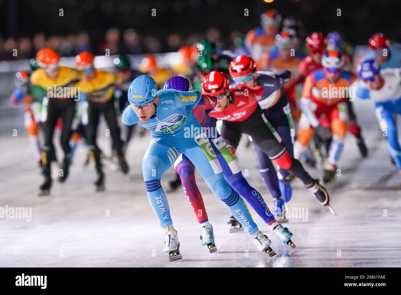 AMSTERDAM, PAESI BASSI - Gennaio 1: Jordi Harink del team Royal A-ware durante i Campionati nazionali Marathon Speed Skating a Jaap Eden IJsbaan il 1 Gennaio 2023 ad Amsterdam, Paesi Bassi (Foto di Andre Weening/Orange Pictures) Foto Stock