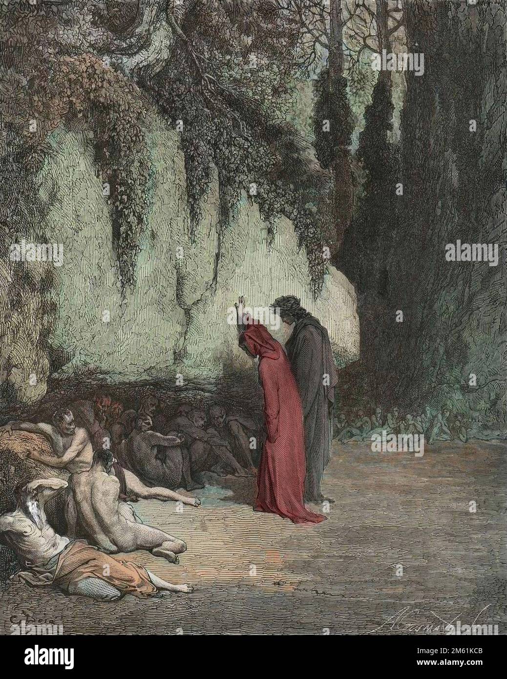 La Divina Commedia di Dante Alighieri , Purgatorio, canto 4 : le anime indolenti accanto alla roccia - di Dante Alighieri (1265-1321) - Illustrazione de Gustave Dore (1832-1883), 1885 - Colorizzazione digitale d'apres l'originale Foto Stock