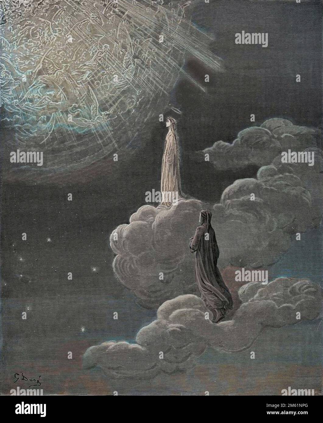 La Divina Commedia di Dante Alighieri , Paradiso, canto 14 : Dante e Beatrice tradotte nella sfera di Marte - di Dante Alighieri (1265-1321) - Illustrazione de Gustave Dore (1832-1883), 1885 - Colorizzazione digitale d'apres l'originale Foto Stock