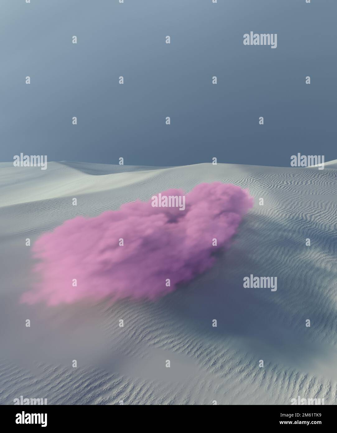 Dune al neon surreali mistiche fantascientesche con nuvole rosa in un paesaggio da sogno. Tramonto nel deserto rosa. Sfondo fantastico con copyspace. Sfondo esterno. Foto Stock