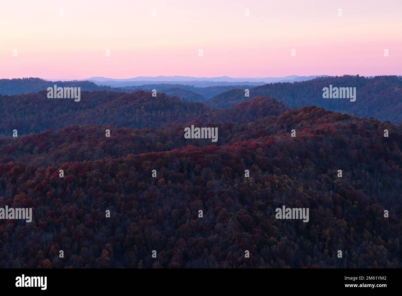 Colori autunnali nelle montagne boscose dell'Appalachia Centrale. Foto Stock