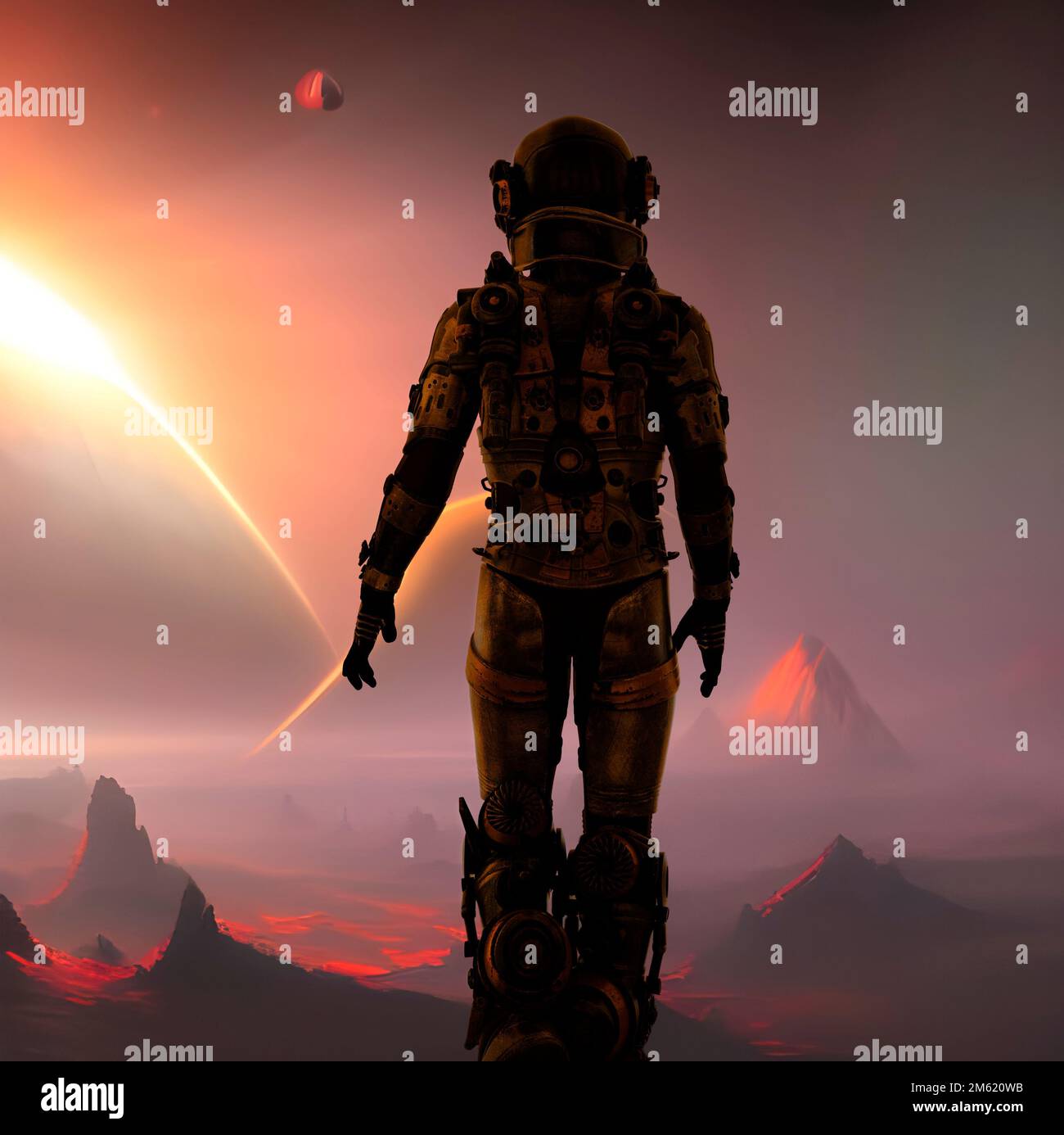 Il viaggiatore spaziale esplora un nuovo pianeta desertico - rendering 3d Foto Stock