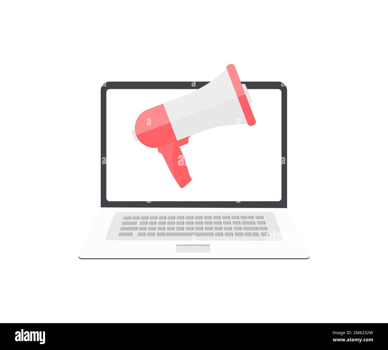 Concetto di annuncio. Laptop con logo informativo per altoparlanti. Concetto per il marketing digitale, la promozione e la pubblicità Vector design. Illustrazione Vettoriale