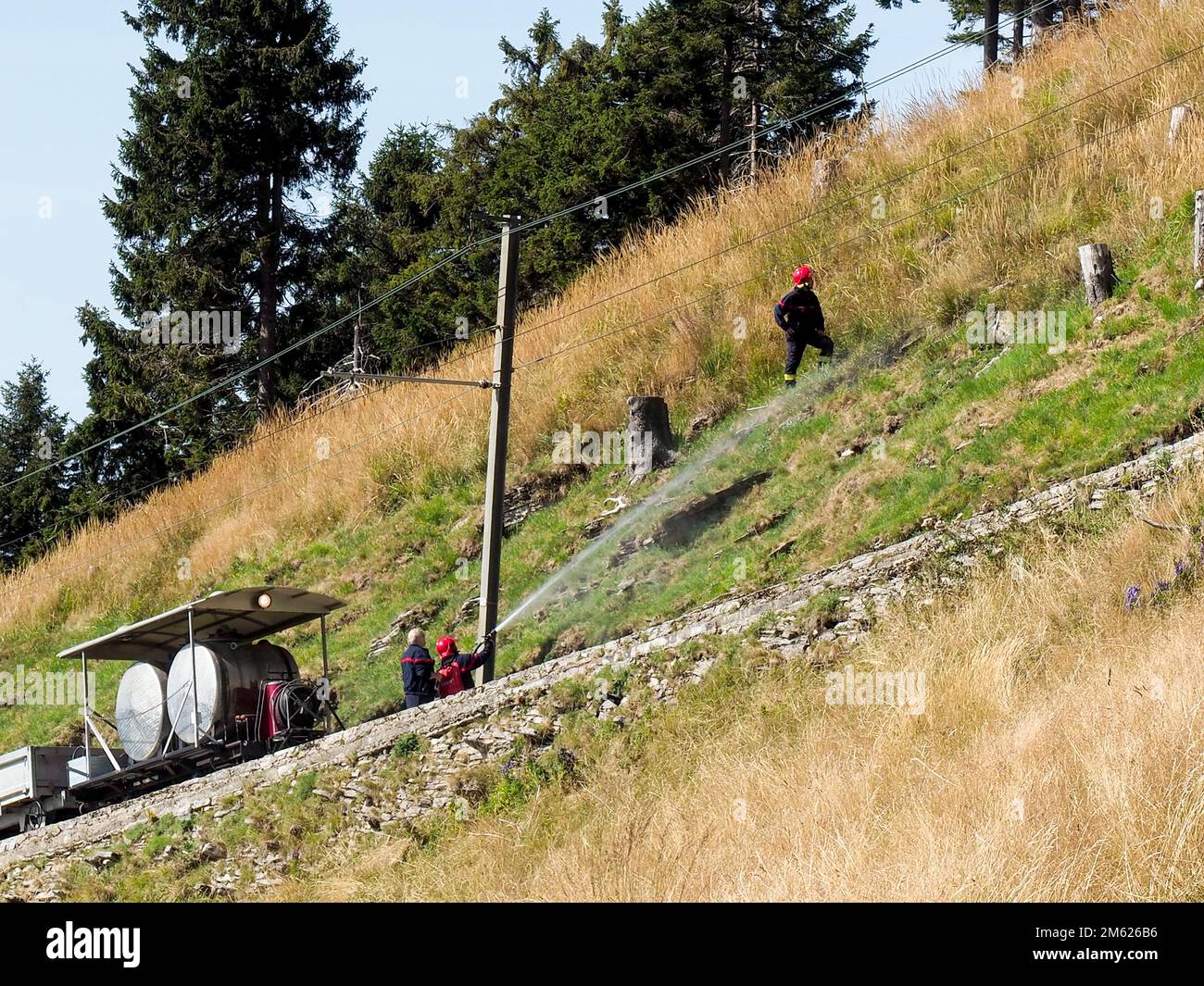 Monte generoso, Svizzera - 26 agosto 2018: Treno di salvataggio dei vigili del fuoco Foto Stock