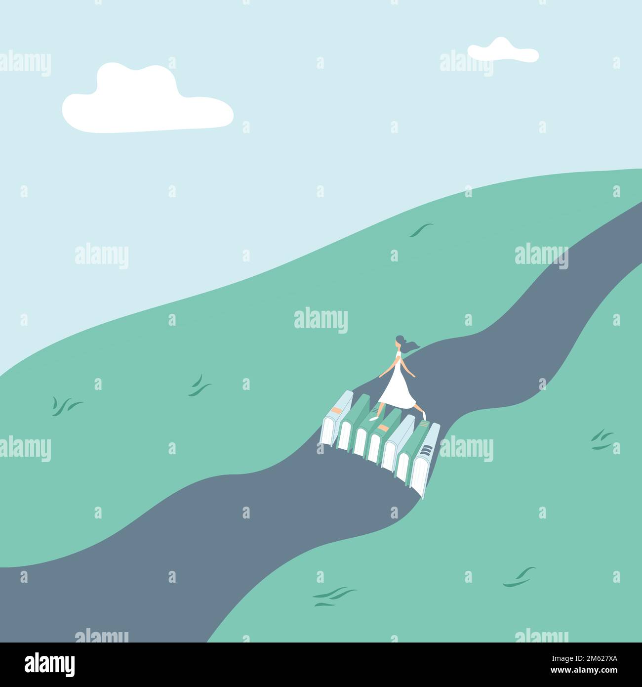 Concetto: Il libro è fonte di knowledge.tiny ragazza come fata attraversa il fiume sul ponte costituito da libri. Prenota come aiuto per superare le difficoltà Illustrazione Vettoriale