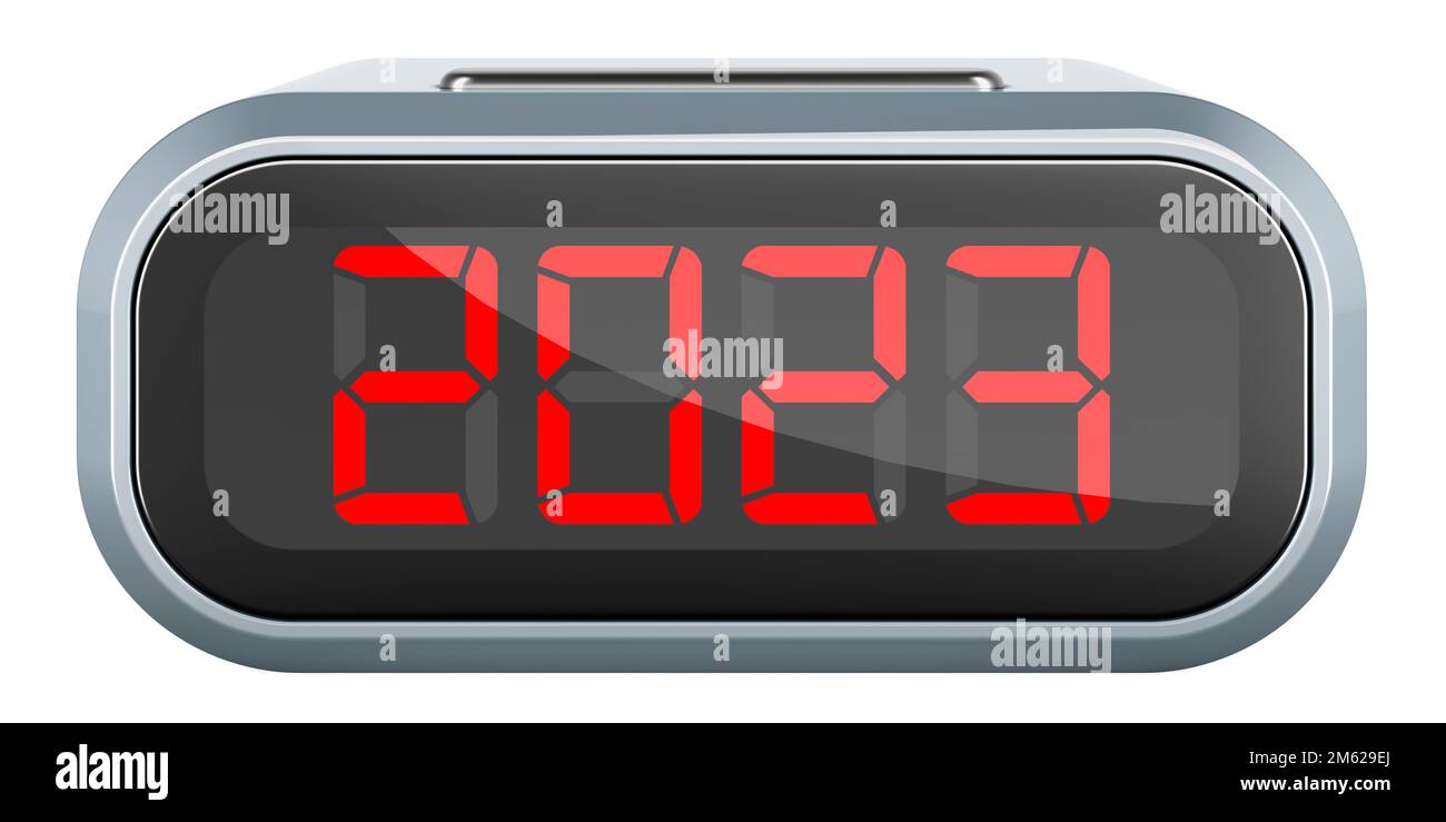Concetto di Capodanno 2023 sul quadrante dell'orologio digitale, rendering  3D isolato su sfondo bianco Foto stock - Alamy