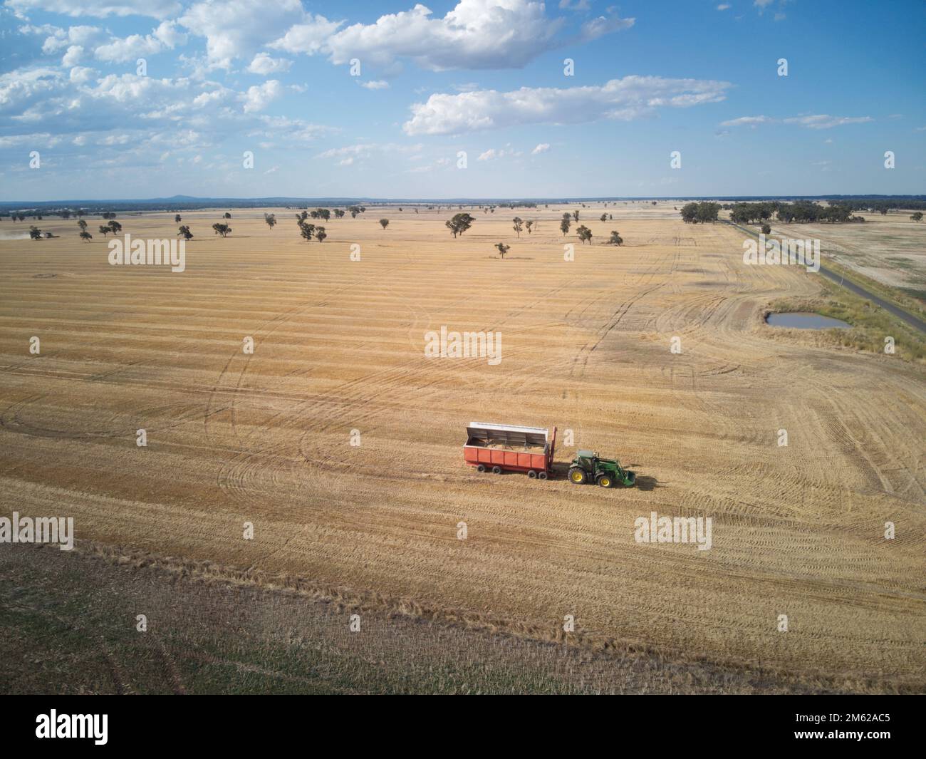 Vista aerea del campo di grano da raccolta che mostra le macchine agricole con alberi e cielo blu. Victoria, Australia. Foto Stock