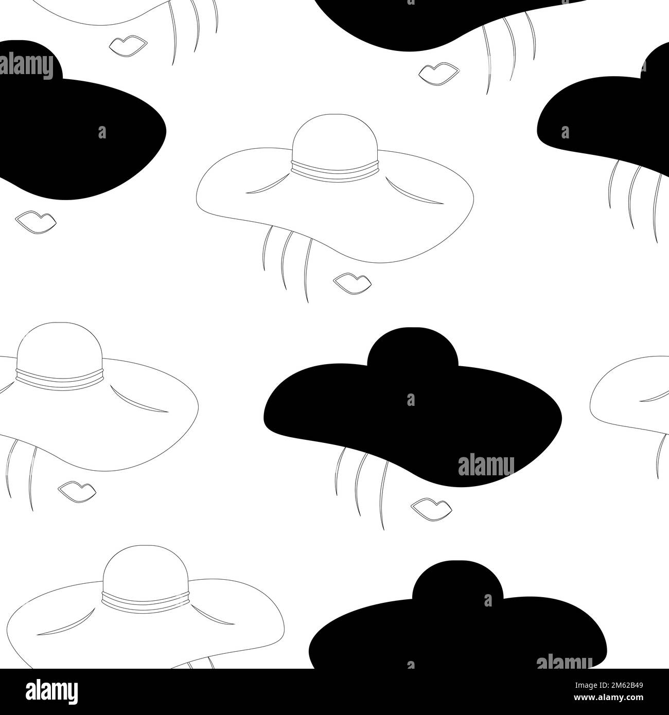 Modello senza cuciture di viso donna stilizzato con ampio cappello brimmed in diverse posizioni. Contorno. Texture di sfondo. Isolare. Ideale per motivi, confezioni o sfondi, poster, biglietti, prezzi o banner. EPS Illustrazione Vettoriale