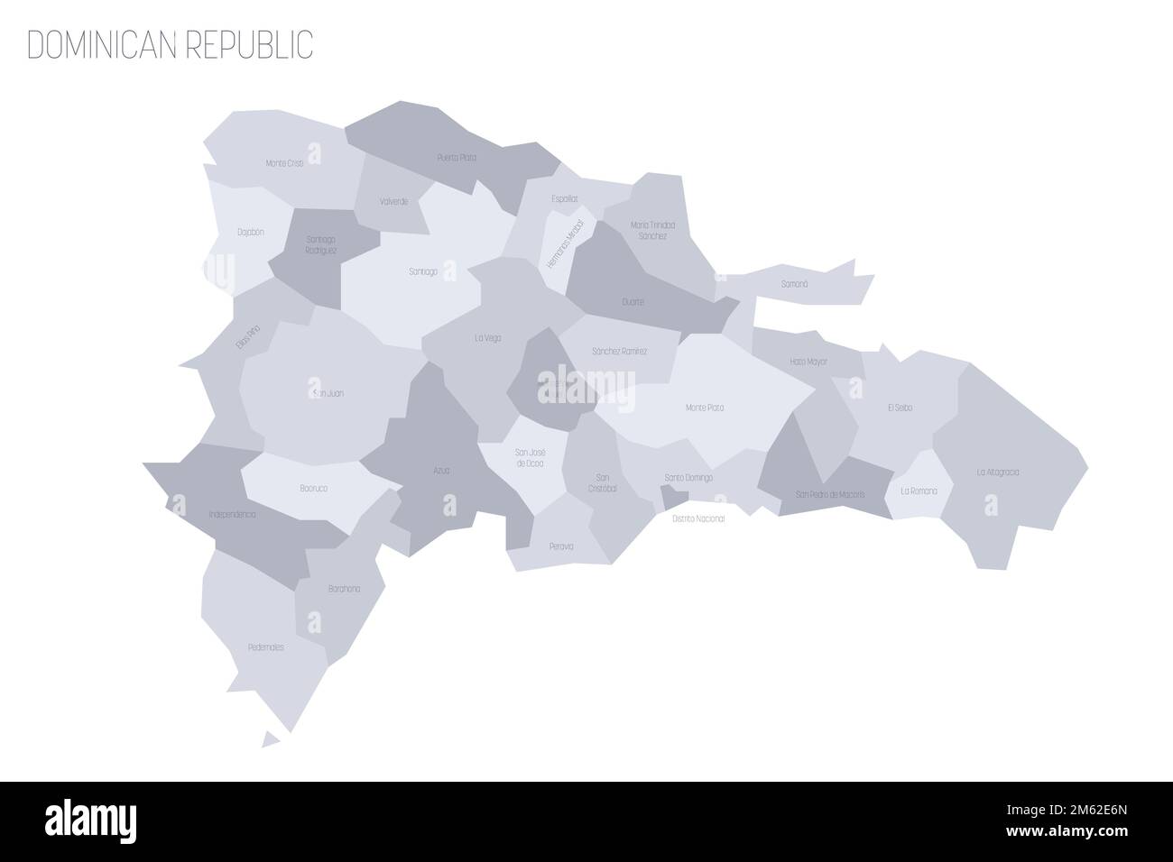 Repubblica Dominicana carta politica delle divisioni amministrative - province e distretto nazionale. Mappa vettoriale dei grigi con etichette. Illustrazione Vettoriale