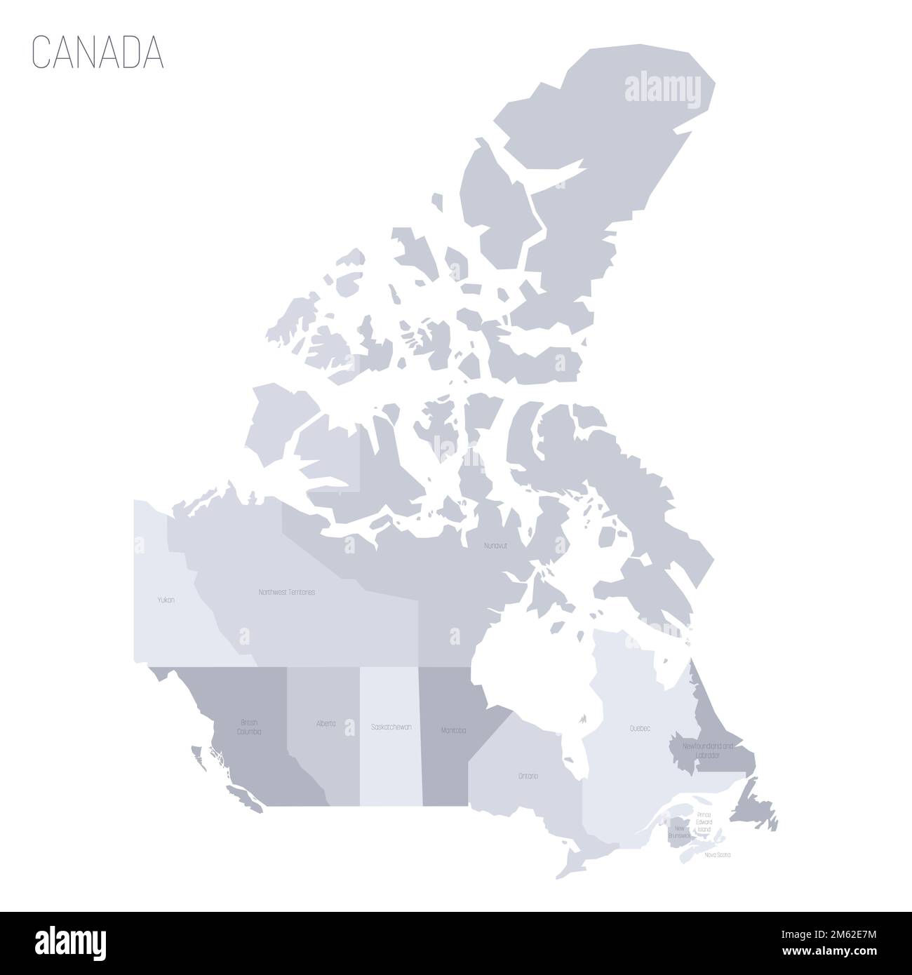 Canada carta politica delle divisioni amministrative - province e territori. Mappa vettoriale dei grigi con etichette. Illustrazione Vettoriale