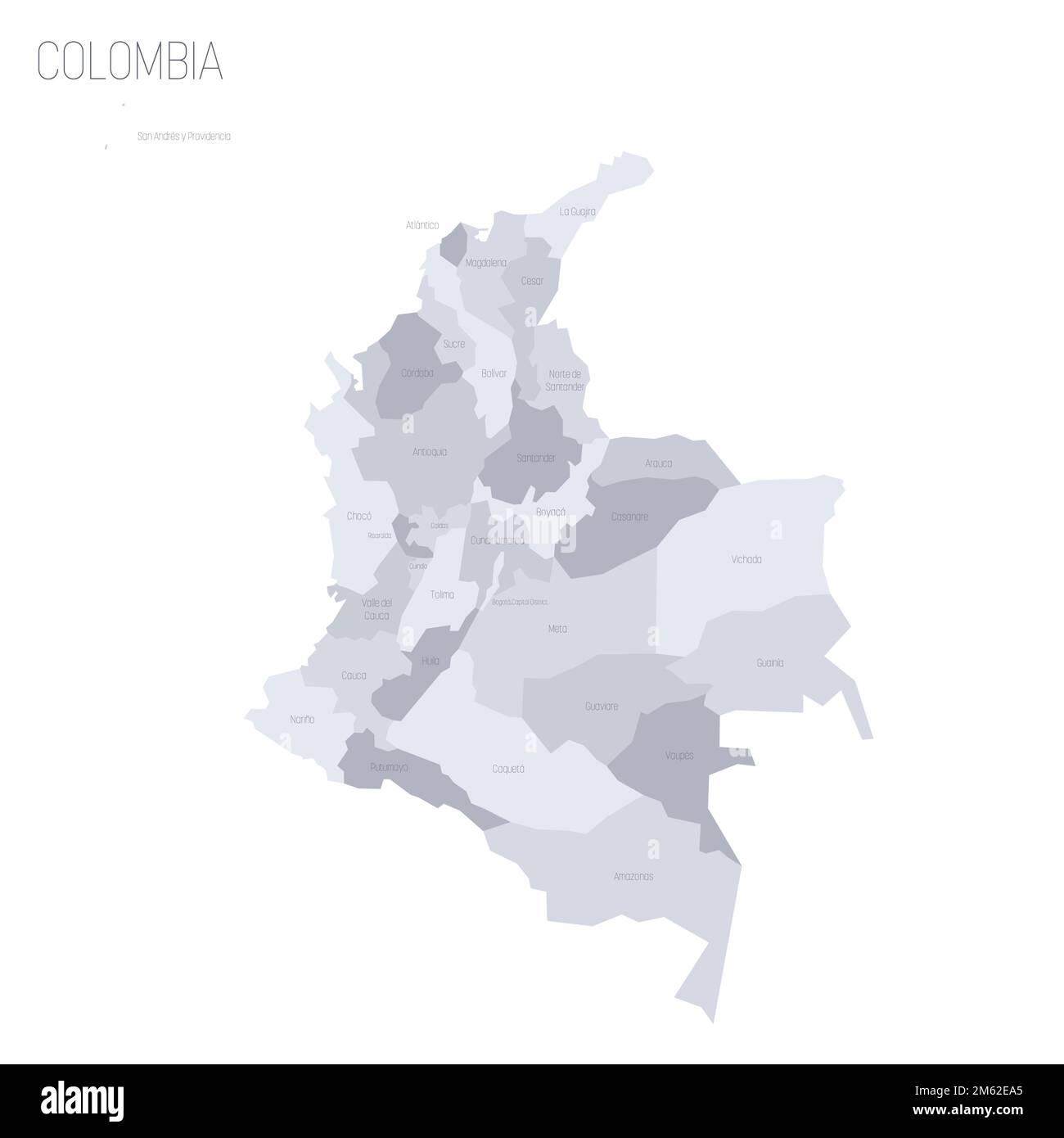 Colombia mappa politica delle divisioni amministrative - dipartimenti e distretto della capitale. Mappa vettoriale dei grigi con etichette. Illustrazione Vettoriale