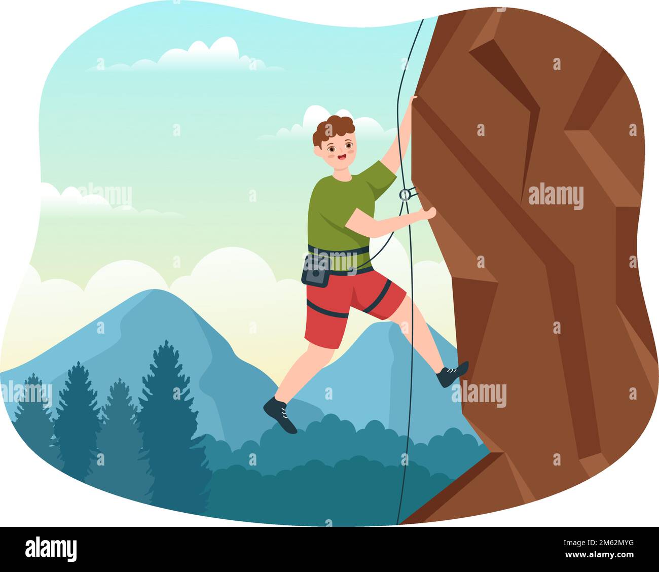 Cliff Climbing Illustration con Climber Climbing Rock Wall o Mountain Cliffs e Extreme Activity Sport in Flat Cartoon modello disegnato a mano Illustrazione Vettoriale