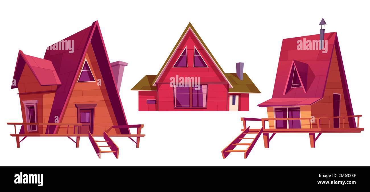 Case invernali, chalet in legno per villaggio di montagna o stazione sciistica alpina. Piccoli cottage con camino, portico e scale isolato su sfondo bianco, vettoriale illustrazione cartoon Illustrazione Vettoriale