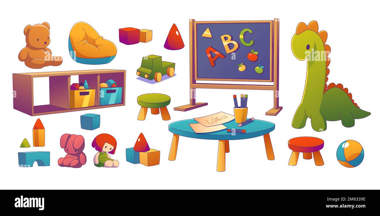 Sala asilo interno con tavolo per bambini, sedia, giocattoli, lavagna e mensole. Sala giochi per bambini con mobili per bambini, blocchi e giocattoli di lusso, illustrazione vettoriale in stile contemporaneo Illustrazione Vettoriale