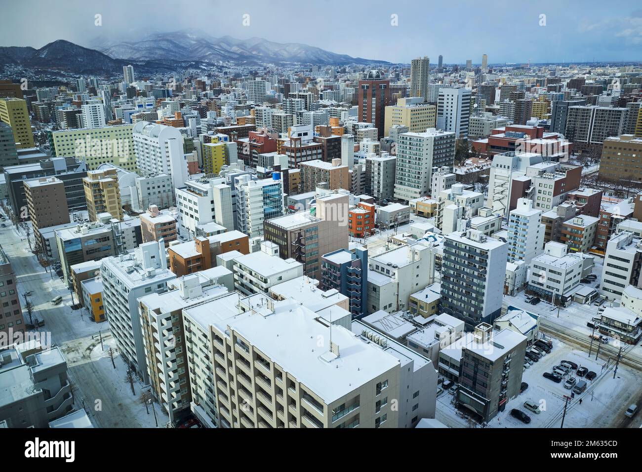 Veduta aerea del paesaggio urbano dell'inverno Sapporo, Giappone Foto Stock