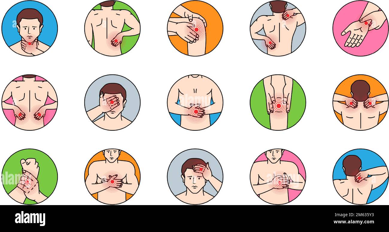 Dolore in parte differente del corpo ha regolato. Mal di testa, collo, spalla, ginocchio, torace, addome, polso, schiena, gomito. Artrite e illustrazione di rheumatism. Illustrazione Vettoriale