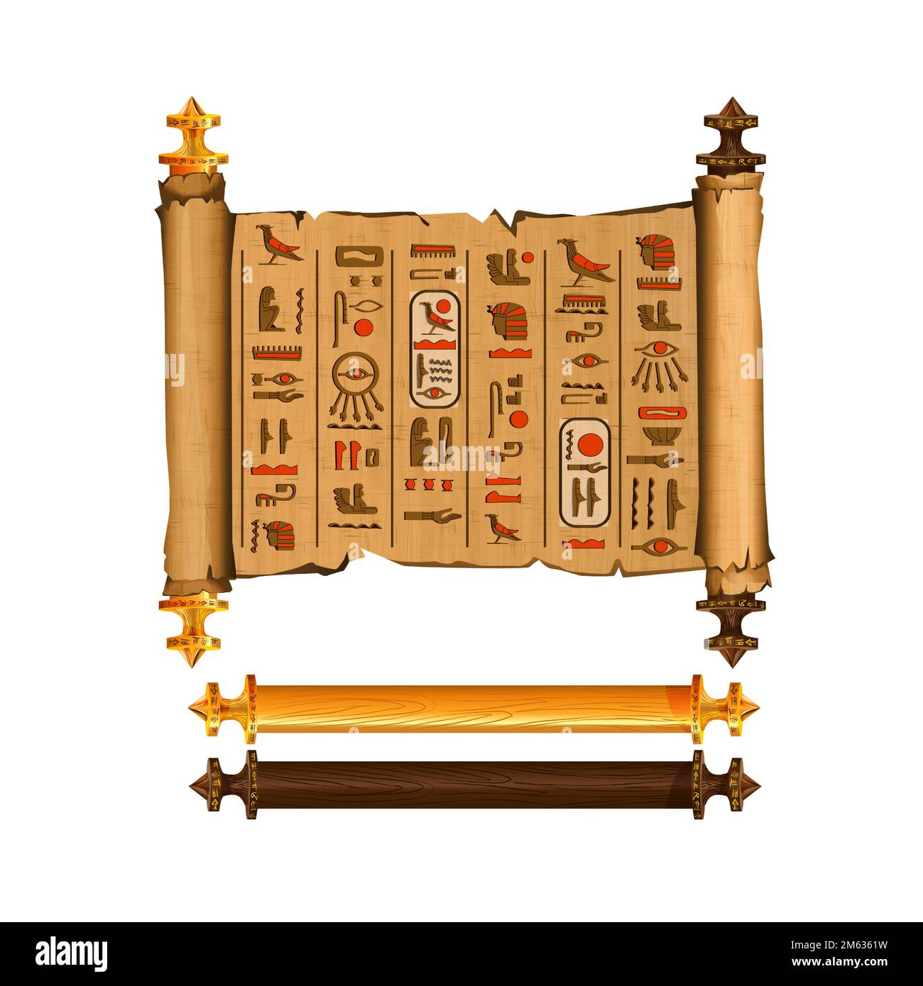 Antico Egitto papiro rotolo cartoon collezione vettoriale con geroglifici e cultura egiziana simboli religiosi, antichi dei e uccello sacro, manoscritto isolato con elementi di legno scuro e chiaro. Illustrazione Vettoriale