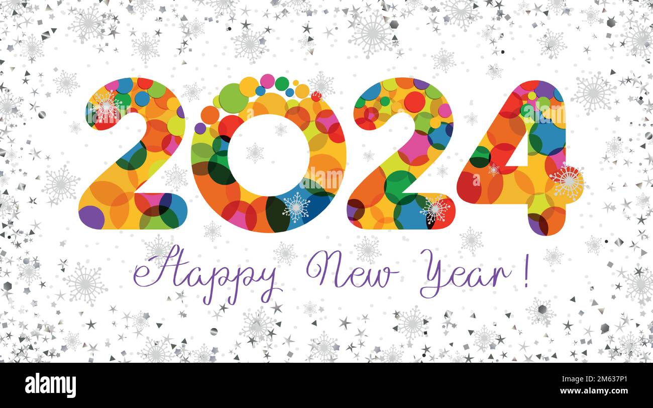 Felice 2024 biglietto di auguri concetto. Stile festivo. Modello numerico e sfondo bianco innevato. Elementi isolati. Sfondo invernale. Design creativo. Illustrazione Vettoriale