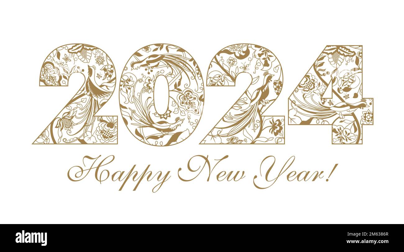 2024 numero di stile etnico. Un felice design di auguri per il nuovo anno. Decorazione di Natale concetto. Modello isolato per eventi musicali, artistici o nazionali. Illustrazione Vettoriale