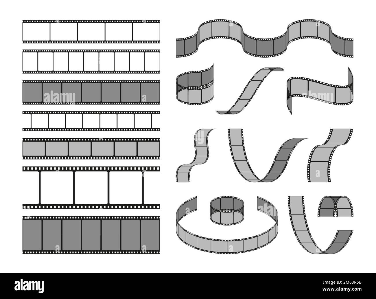 Strisce di pellicola curve. La fotocamera retro presenta un formato medio analogico 35mm:9, cornici a nastro vuote per fotografia cinematografica. Set vettoriale di illustrazione negativa della bobina della pellicola Illustrazione Vettoriale