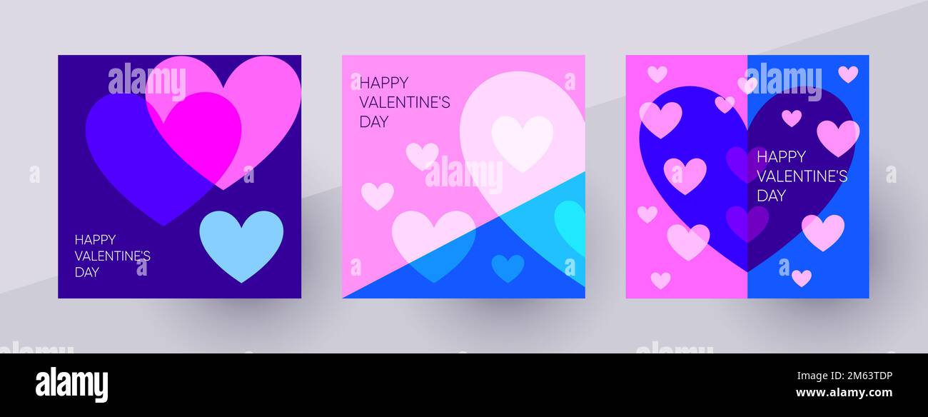 Modelli di post del giorno di San Valentino felice per i social media. Illustrazione vettoriale vivace e colorata con simboli a forma di cuore. Illustrazione Vettoriale