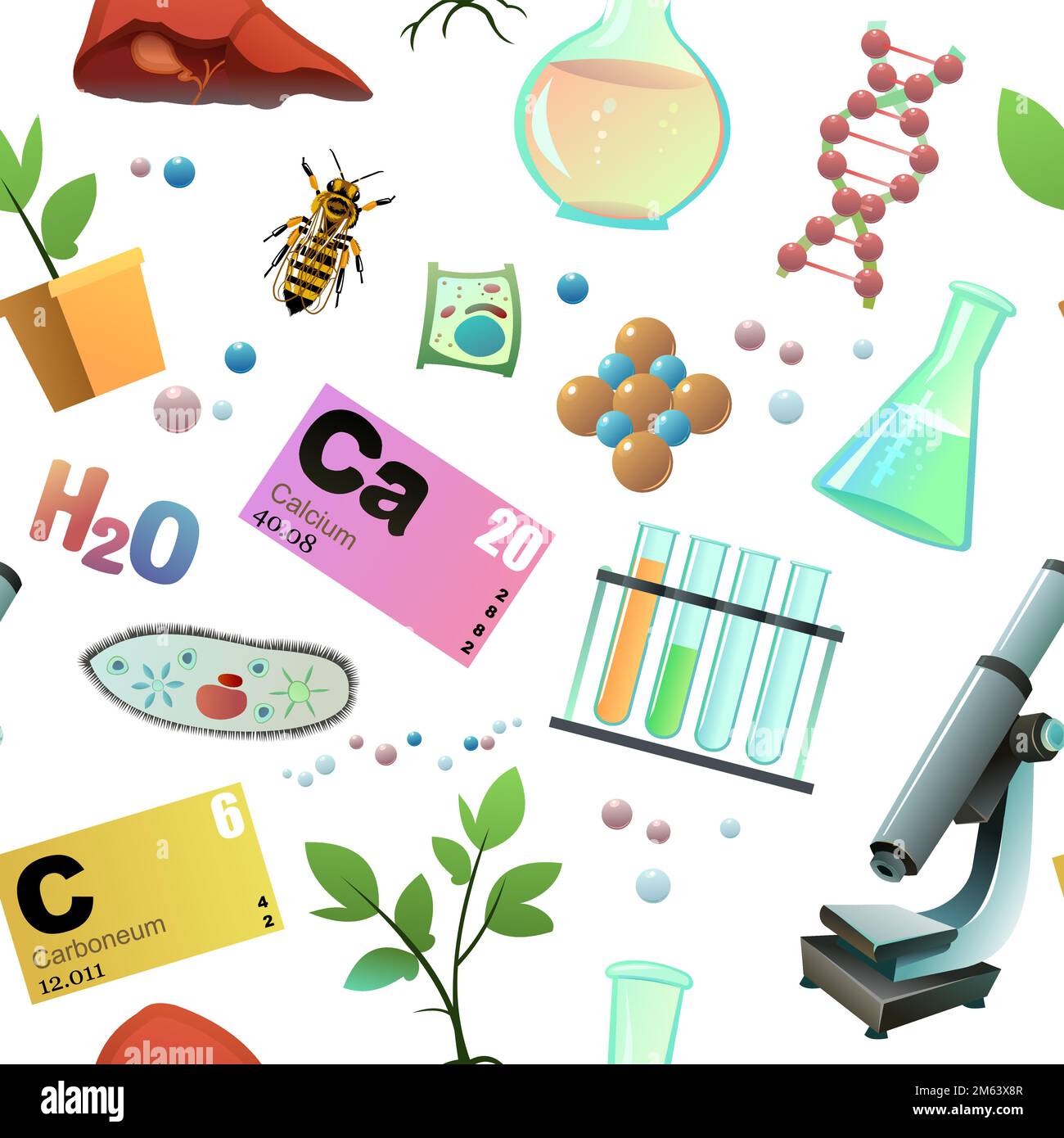 Ripetizione senza giunture degli elementi chimici. Foto di elementi scientifici. Studio di cellule viventi di piante, animali ed esseri umani. Isolato su sfondo bianco. Vettore. Illustrazione Vettoriale