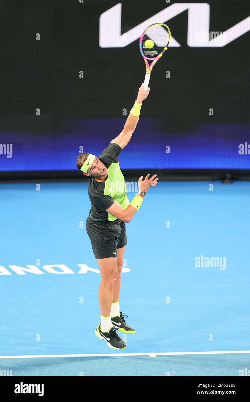 Sydney, Australia. 02nd Jan, 2023. Rafael Nadal of Spain fa parte del gruppo D durante la United Cup alla Ken Rosewall Arena, Sydney Olympic Park Tennis Centre, Sydney, Australia, il 2nd gennaio 2023. Foto di Peter Dovgan. Solo per uso editoriale, licenza richiesta per uso commerciale. Non è utilizzabile nelle scommesse, nei giochi o nelle pubblicazioni di un singolo club/campionato/giocatore. Credit: UK Sports Pics Ltd/Alamy Live News Foto Stock