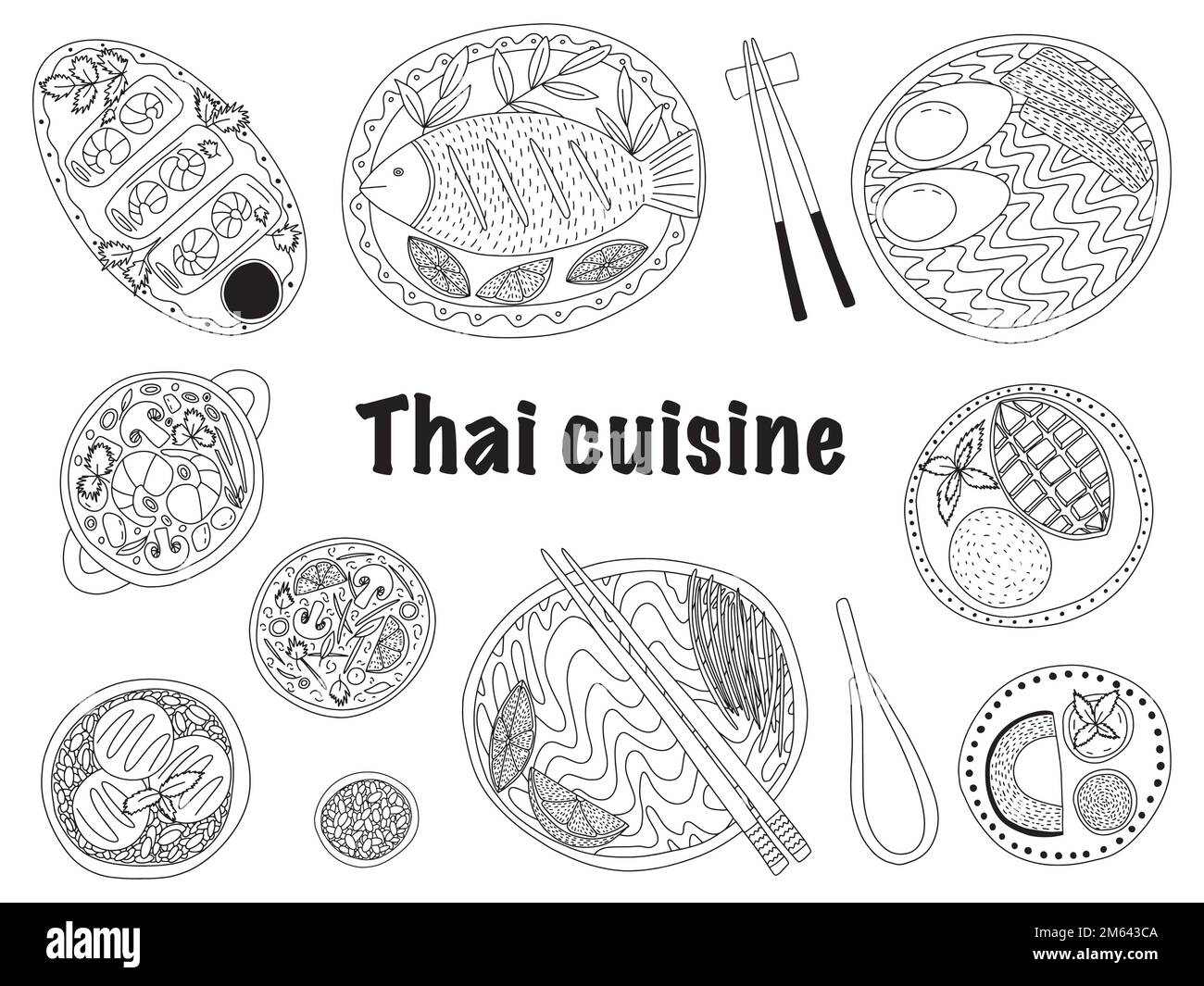 Set vettoriale di piatti della cucina tailandese Illustrazione Vettoriale