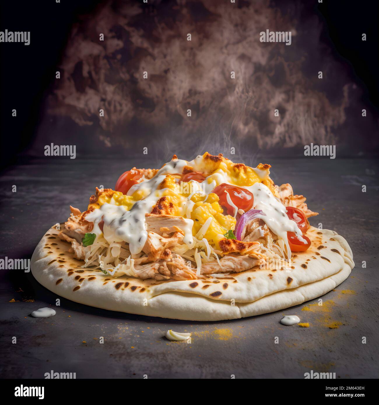 Pizza Pita con Shawarma di pollo speziato e condimenti Street food fotografia sfondo rustico Foto Stock