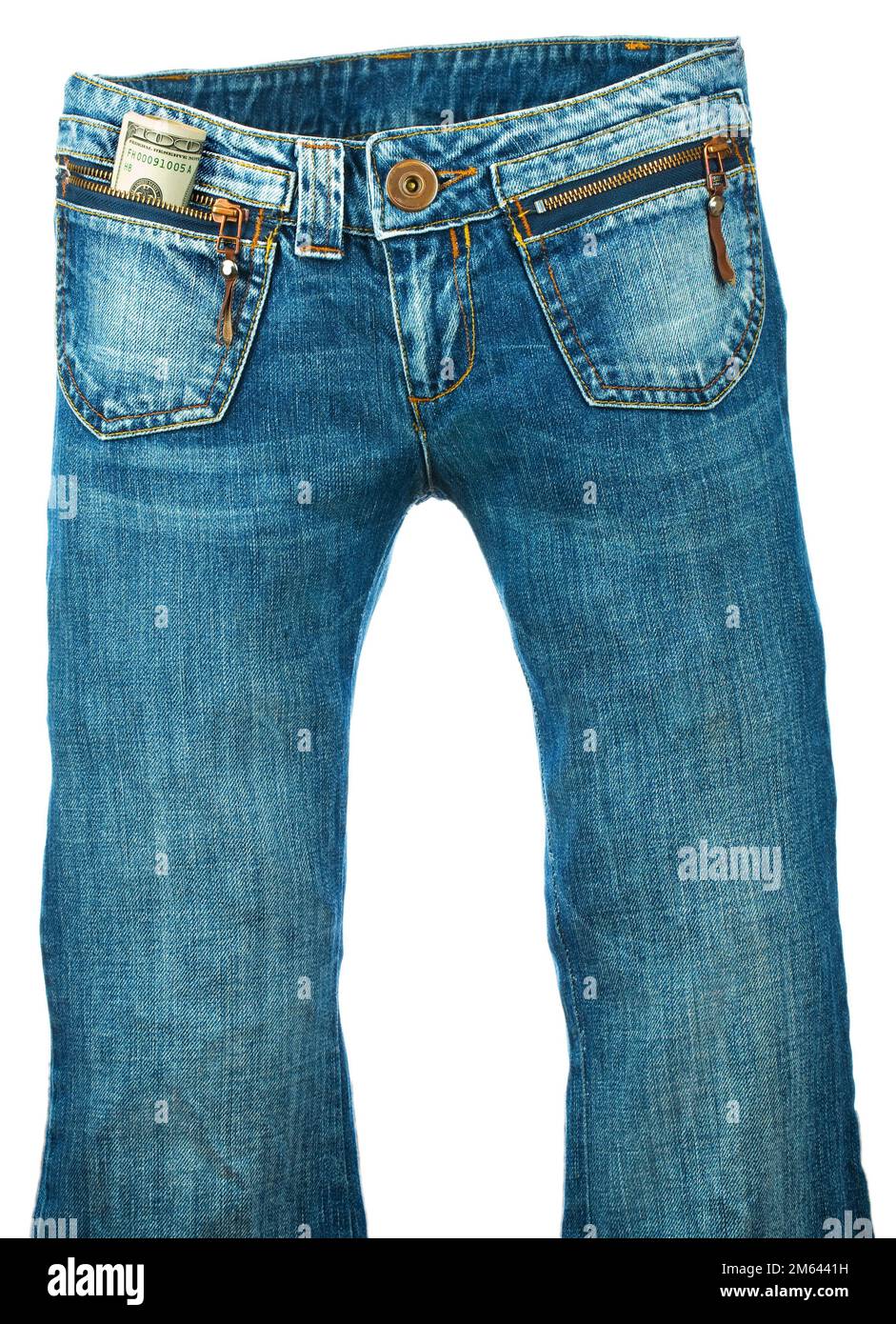 Jeans con dollari isolato Foto Stock