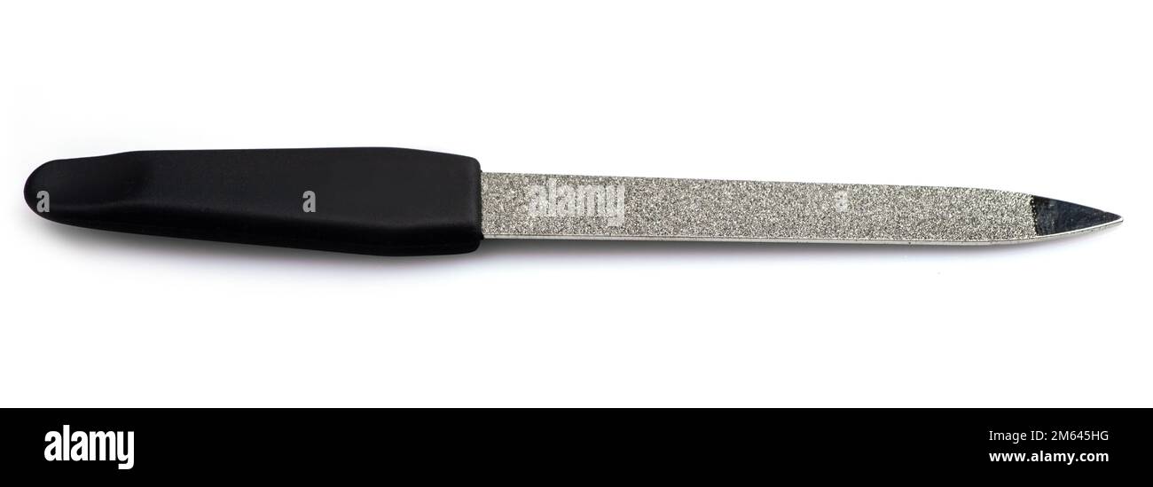 Piccolo file di nailfile metallico isolato su sfondo bianco. Foto Stock