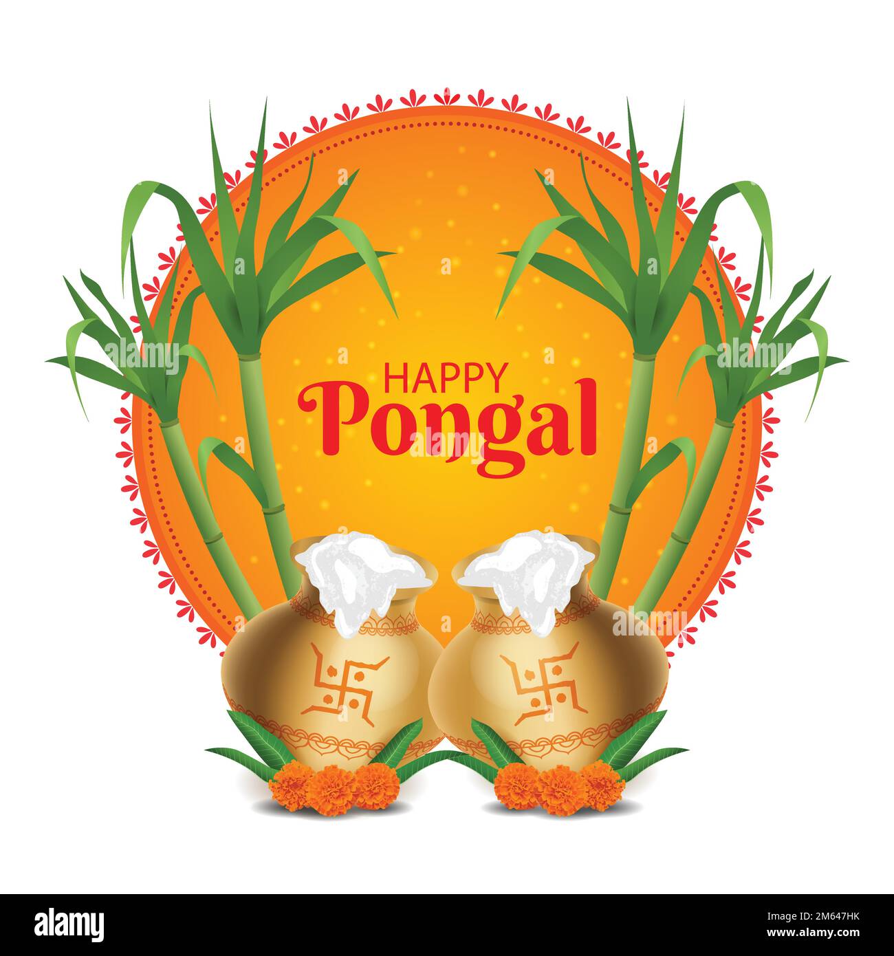 Happy Pongal Poster Vector Illustration. Festival tradizionale dell'India del Sud. Sun Mandala, Sugarcane, riso budino pentola sfondo grafico. Social media Illustrazione Vettoriale