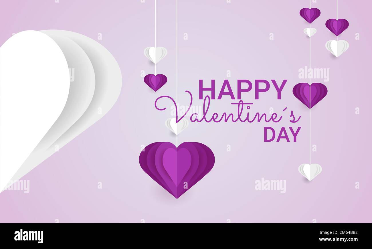 Sfondo con cuori di carta fluttuante e testo felice San Valentino, carta arte Vector Illustration. Illustrazione Vettoriale