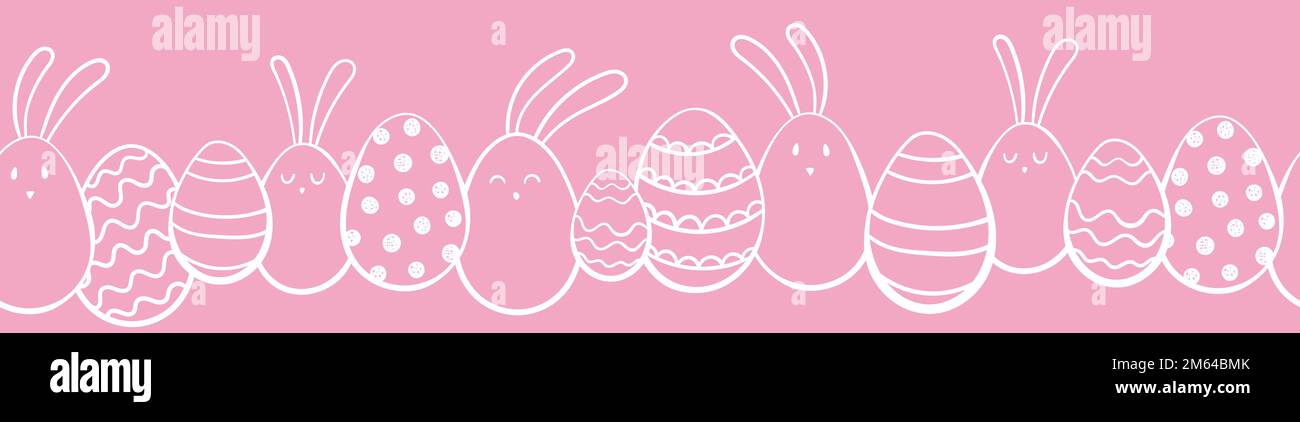 Carino disegno a mano Pasqua orizzontale senza cuciture con conigli, fiori, uova di pasqua, bello sfondo, grande per carte di Pasqua, banner, tessuti, Illustrazione Vettoriale