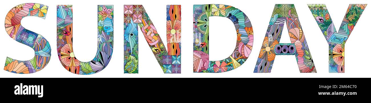 Disegno artistico dipinto a mano. Illustrazione disegnata a mano parola DOMENICA per t-shirt e altre decorazioni Illustrazione Vettoriale