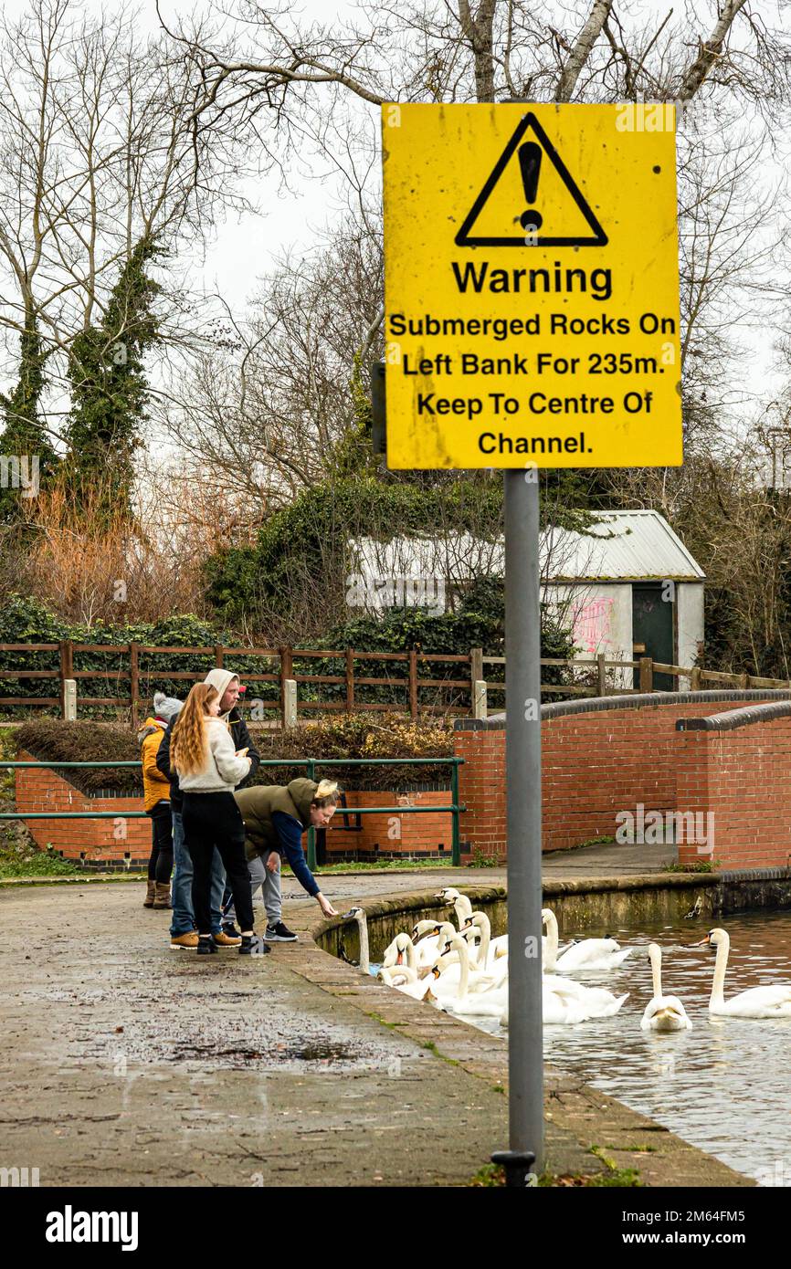 Una famiglia che alimenta cigni al Embankment, Wellingborough Foto Stock