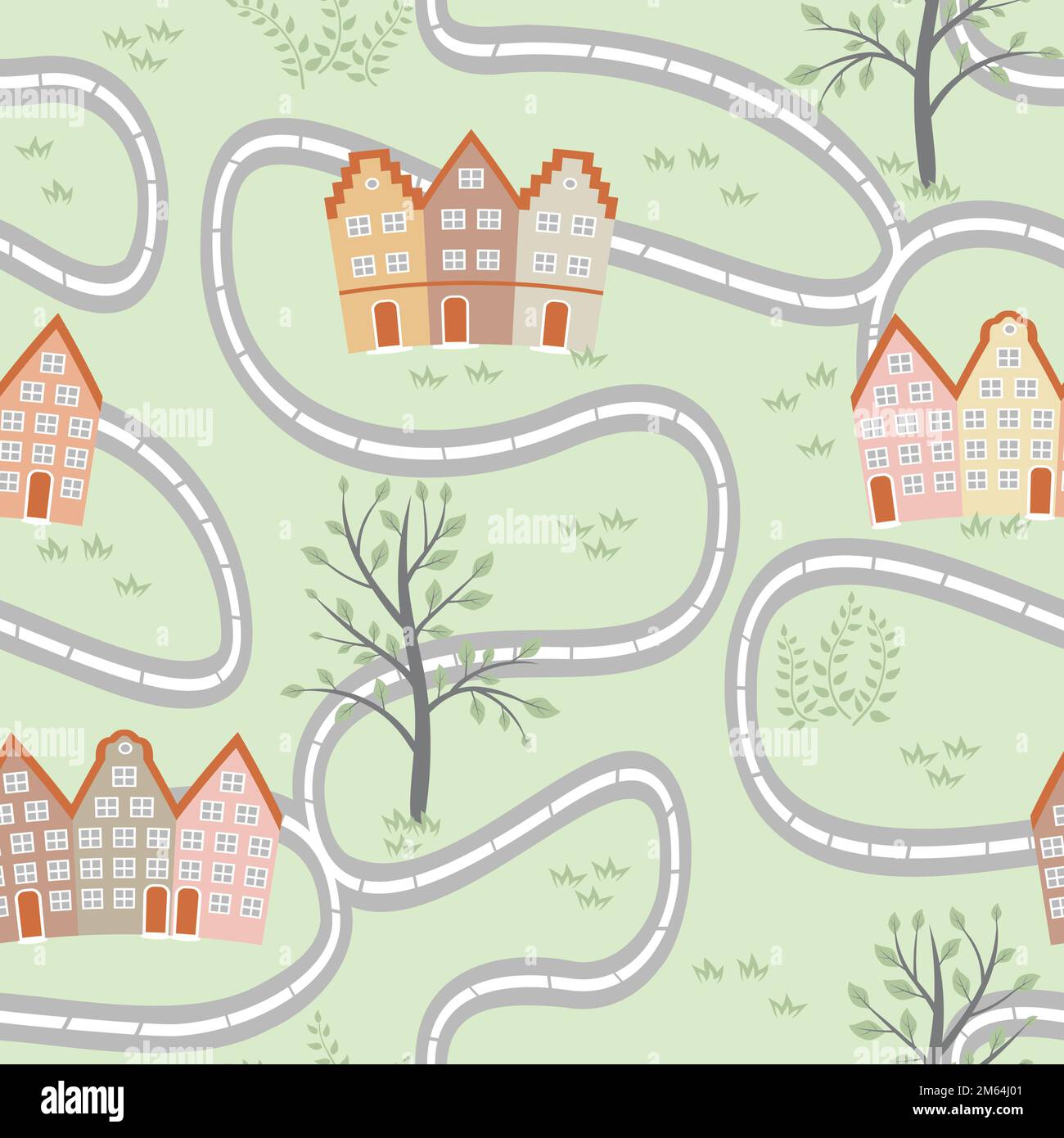 Bambini senza cuciture modello con strada e case Illustrazione Vettoriale
