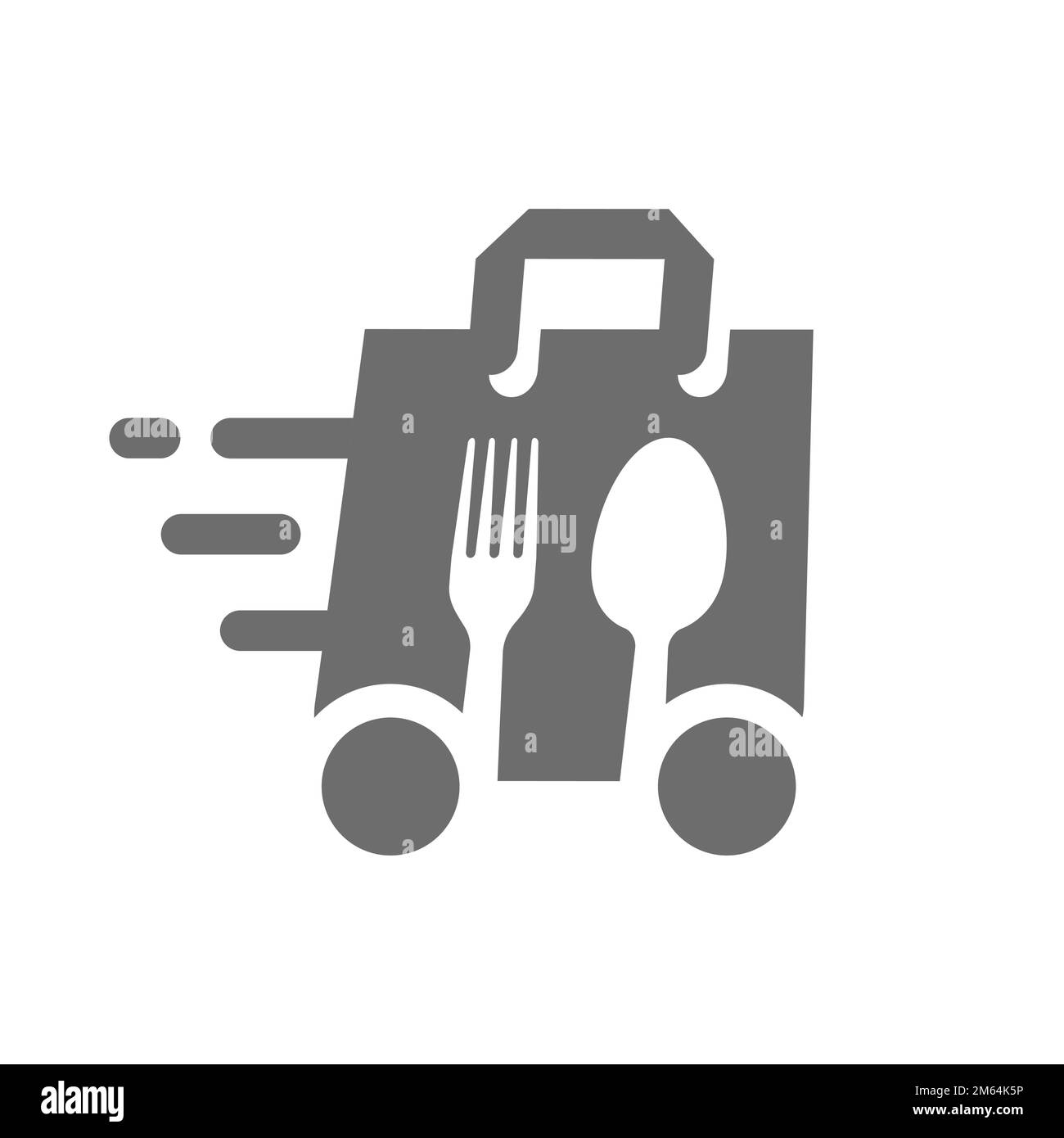 Icona del vettore di consegna fast food. Borsa per la spesa su ruote con simbolo di forchetta e cucchiaio riempito. Illustrazione Vettoriale