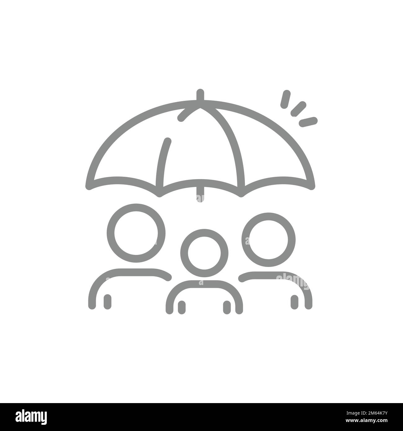 Vita familiare o assicurazione sanitaria linea vettore icona. Uomini sotto l'ombrello simbolo delineato. Illustrazione Vettoriale