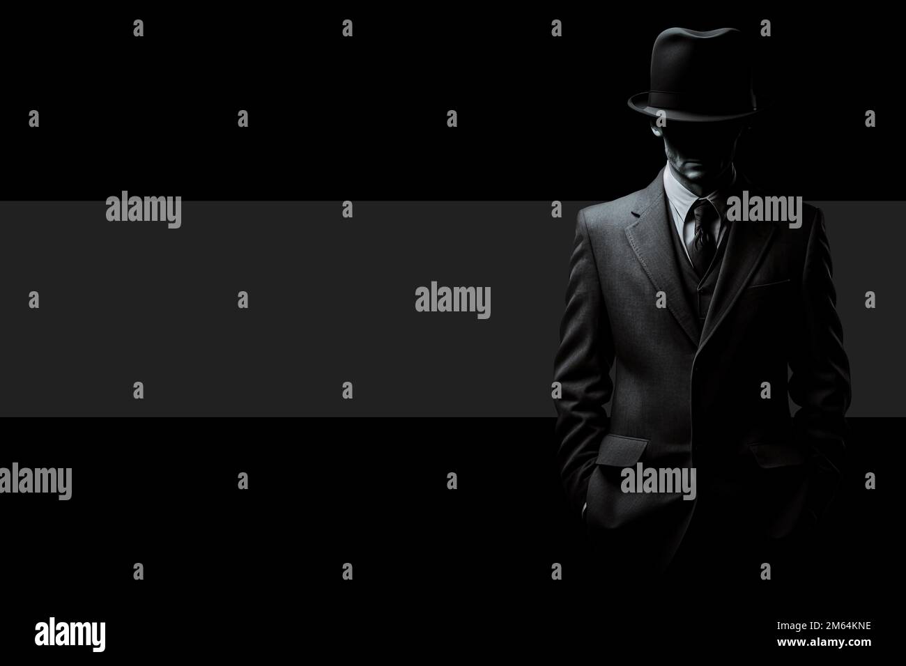 power man in tuta con cappello e ombra sul viso - illustrazione Foto Stock