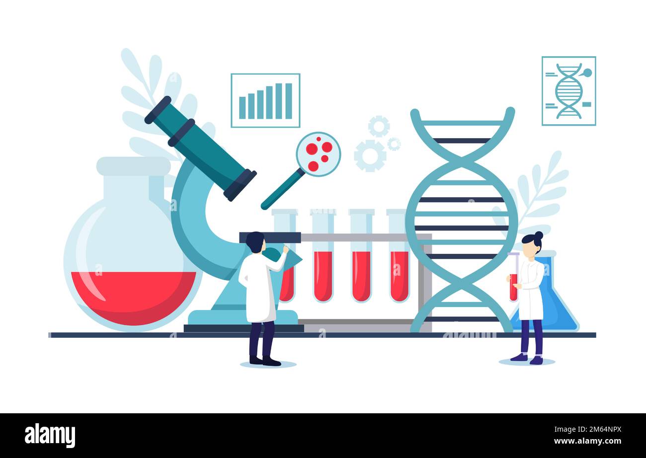 Scena della genomica . Gli scienziati stanno facendo ricerche in laboratorio . Concetto di terapia genomica . Design piatto . Vettore . Illustrazione Vettoriale