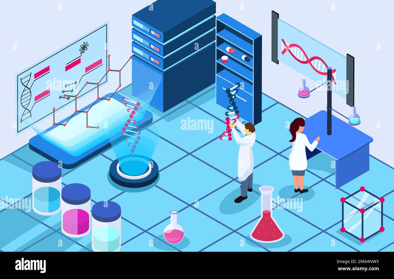 Scena della genomica . Gli scienziati stanno facendo ricerche in laboratorio . Concetto di terapia genomica . Disegno isometrico . Vettore . Illustrazione Vettoriale