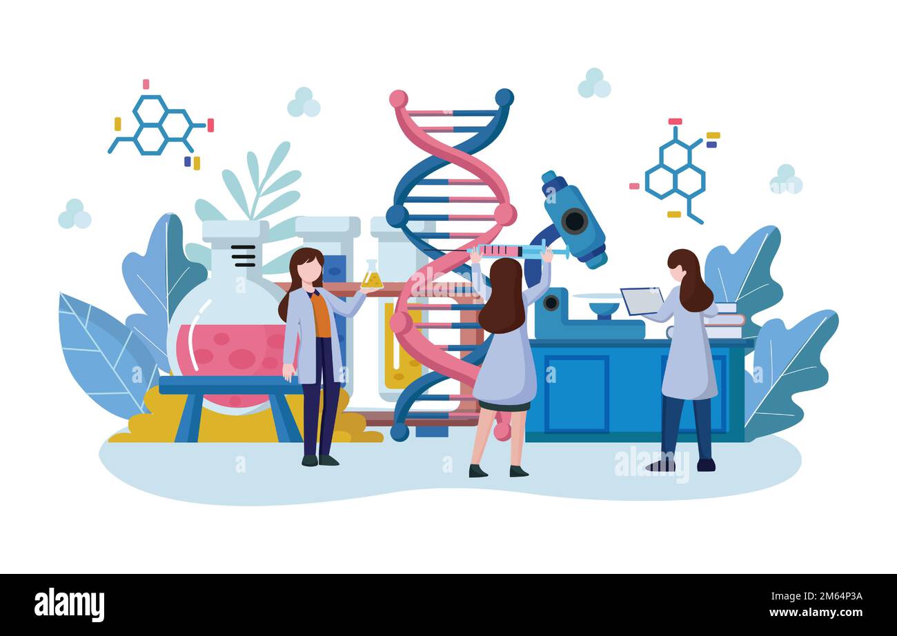 Scena della genomica . Gli scienziati stanno facendo ricerche in laboratorio . Concetto di terapia genomica . Design piatto . Vettore . Illustrazione Vettoriale