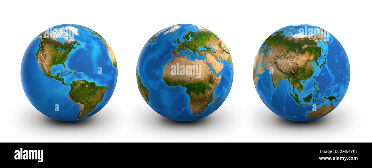 Globi del pianeta Terra, molto dettagliati. Vista satellitare del mondo, incentrata su America, Asia, Europa e Africa - elementi forniti dalla NASA Foto Stock
