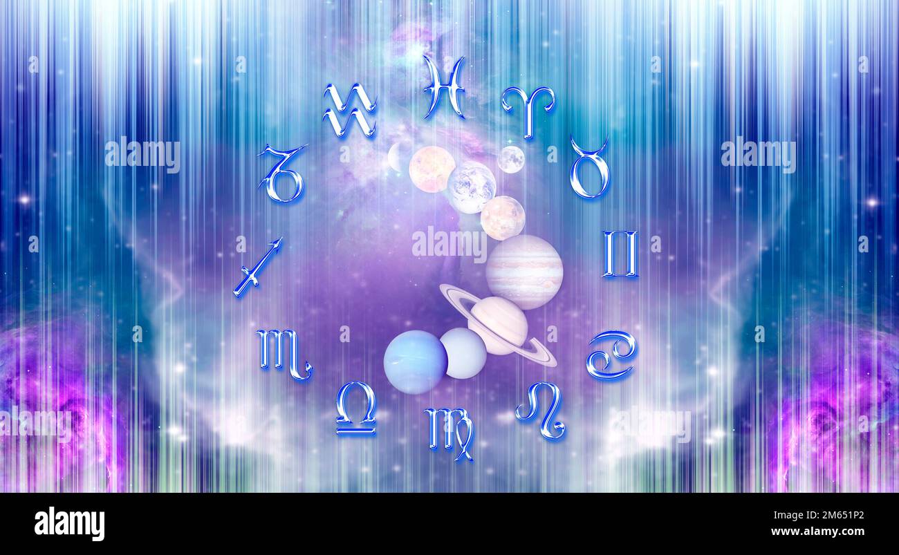 tutti i segni dello zodiaco e pianeti Foto Stock