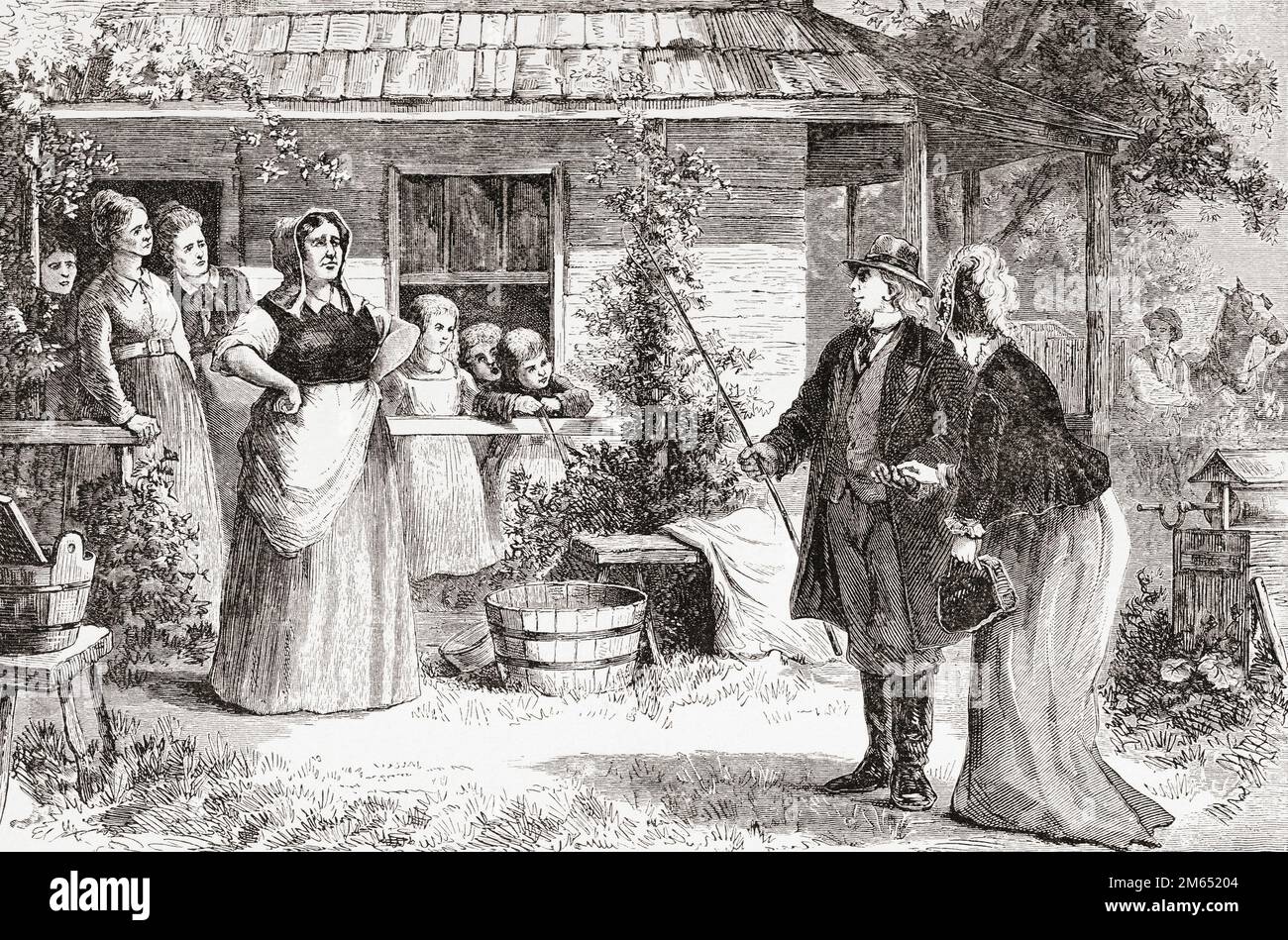 Un uomo mormone porta a casa un'altra moglie. Dopo un'illustrazione del 19th ° secolo da un artista non identificato. Foto Stock